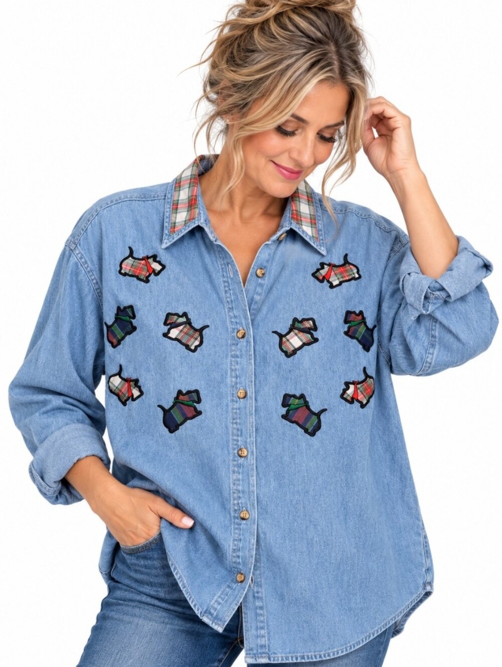 Solutions Originals Women’s M Chambray Denim Scottie Dog Appliqué Button Shirt